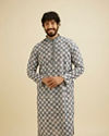 Ash Grey Chikankari Printed Kurta Set with Striped Collar